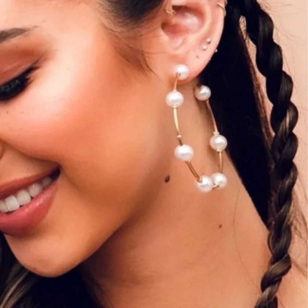 NEW Pearl Studded 14K Gold Plated Large Hoop Earrings Pierced Hoops
